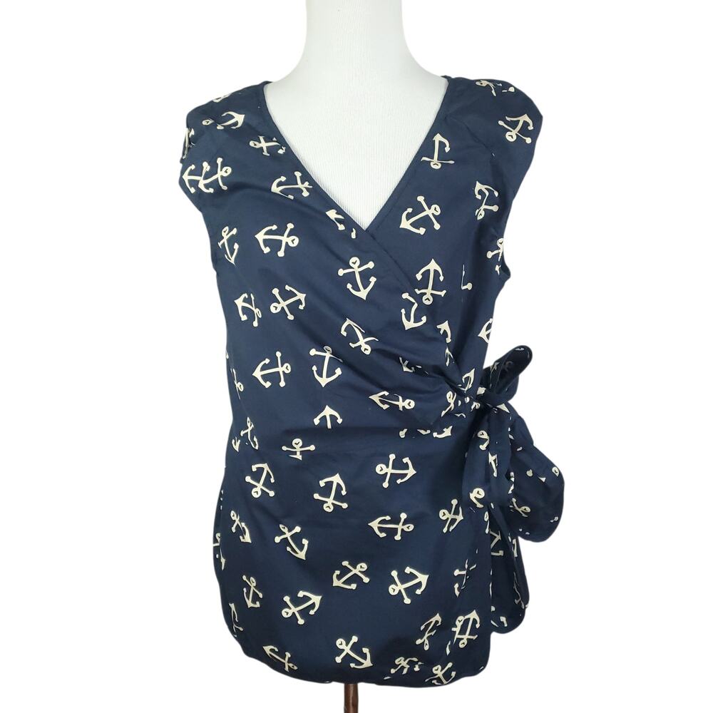 eShakti Anchor Nautical Sleeveless Wrap Front Top Navy Blue Surplice Neck Sz XL